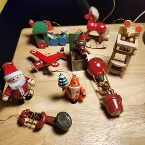 Festive Wooden Christmas Ornaments Lot Of 9